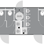 image displays a floor plan of a portable toilet trailer, also known as a luxury restroom trailer or mobile toilet trailer